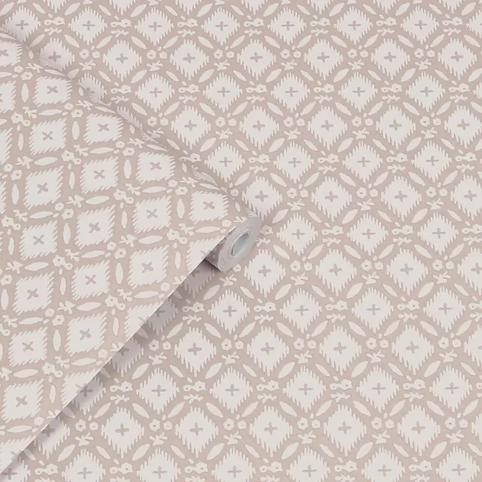 Laura Ashley Vliestapete Whitebrook - Grau, Ornament, 1.000 x 52 cm - Tapetenrolle mit beigem und cremefarbenem Ikat-Muster aus Rauten, Kreuzen und kleinen Blumenmotiven.