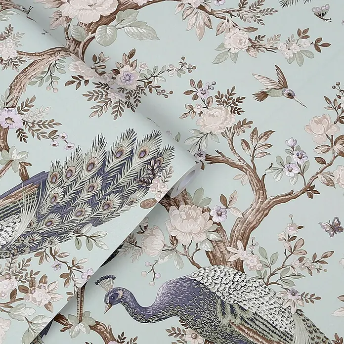 Laura Ashley Vliestapete Belvedere Pfau - Blau, Tieroptik, 1.000 x 52 cm - Tapetenrolle mit hellblau-grünem Chinoiserie-Muster, Pfauen, Kolibris und Blumenranken.