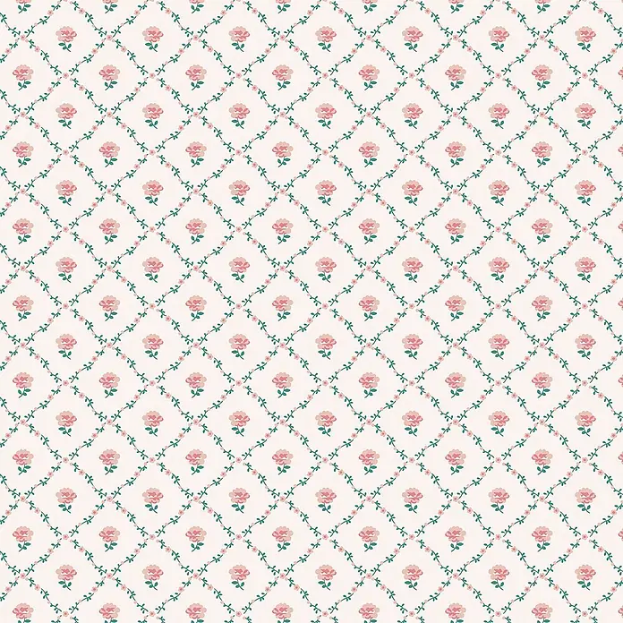 Laura Ashley Vliestapete Vliestapete Kate Gitterstruktur - Rosa, Floral, 10 x 0,52 m - Wiederholendes Blumenmuster mit rosa Rosen und grünem Rankengitter.