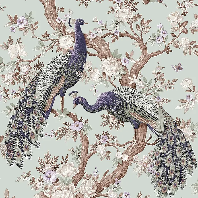 Laura Ashley Vliestapete Belvedere Pfau - Blau, Tieroptik, 1.000 x 52 cm - Elegantes botanisches Muster mit zwei lila-grünen Pfauen auf braunen Ästen mit weißen und lavendelfarbenen Blüten.