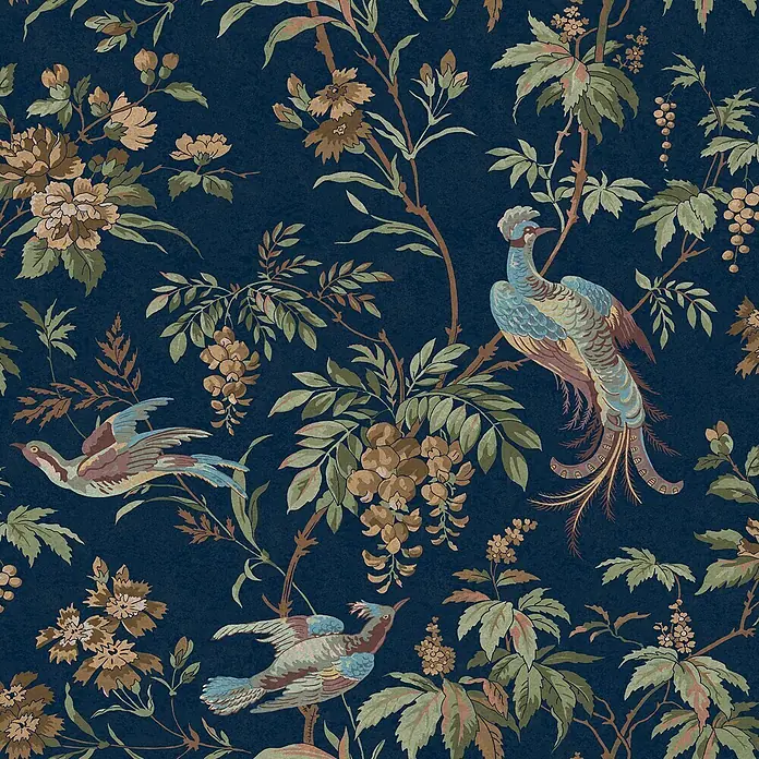 Laura Ashley Vliestapete Attleton Blume - Blau, Floral, 1.000 x 52 cm - Dunkelblaue Tapete mit kunstvollem Chinoiserie-Muster aus Vögeln und Blumen.