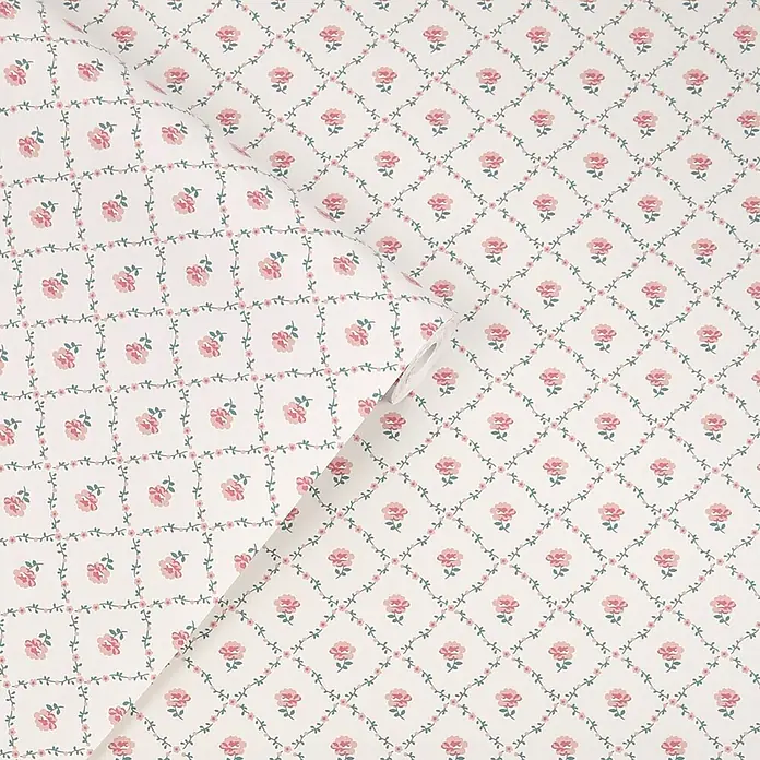 Laura Ashley Vliestapete Vliestapete Kate Gitterstruktur - Rosa, Floral, 10 x 0,52 m - Tapetenrolle mit zartem Muster aus rosa Rosen und grünen Ranken, die ein Gitter bilden.