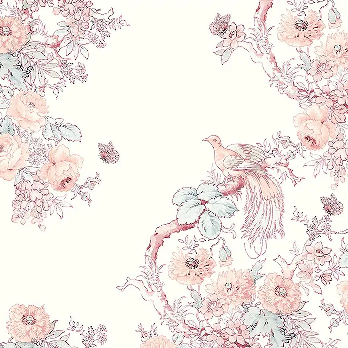 Laura Ashley Fototapete - Vlies - Zartes Blumen- und Vogelmuster mit rosa Blüten, blauen Blättern und Schmetterlingen, ideal für Textilien oder Dekoration.