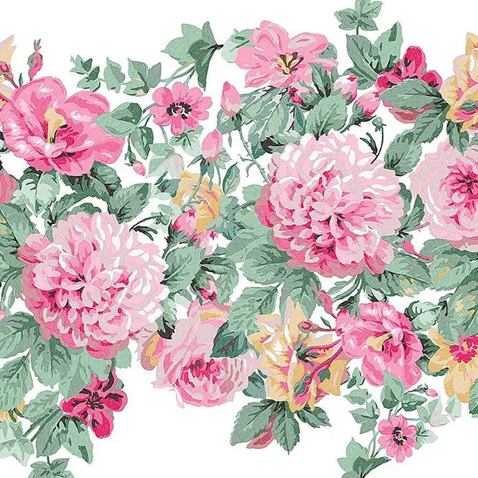 Laura Ashley Fototapete - Vlies - Dichtes Blumenmuster mit rosa und gelben Rosen sowie grünen Blättern.
