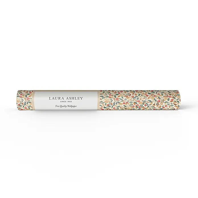 Laura Ashley Vliestapete Devons Grove - Orange, Floral, 1.000 x 52 cm - Laura Ashley hochwertige Tapetenrolle mit gedämpftem Blumen- und Fruchtmuster in Rot, Grün und Beige.