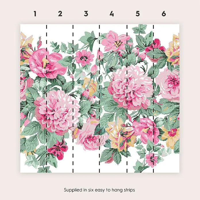 Laura Ashley Fototapete - Vlies - Blumentapete mit rosa und gelben Blumen und grünen Blättern, geliefert in sechs einfach anzubringenden Streifen.