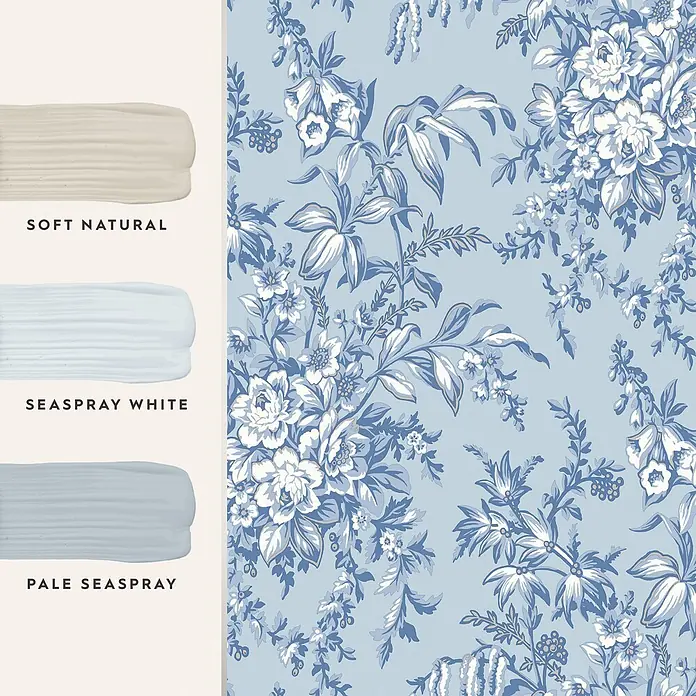 Laura Ashley Vliestapete Vliestapete Picardie - Blau, Floral, 10 x 0,52 m - Farbproben in Soft Natural, Seaspray White, Pale Seaspray und eine hellblaue Blumentapete.