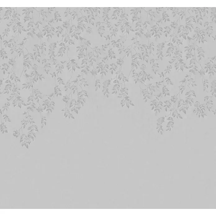 Laura Ashley Fototapete - Vlies - Hellgraue Tapete mit zartem Muster aus hängenden Ästen, Blättern, kleinen Blumen und Vögeln.
