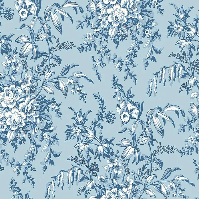 Laura Ashley Vliestapete Vliestapete Picardie - Blau, Floral, 10 x 0,52 m - Nahtloses blau-weißes Blumenmuster auf hellblauem Hintergrund.