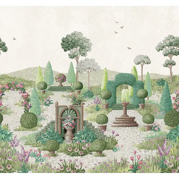 Fototapete Naunton Folly Landschaft -  - Detaillierte Illustration eines klassischen Terrassengartens mit Brunnen, Bögen, blühenden Blumen, Formschnittpflanzen und Kopfsteinpflasterwegen.