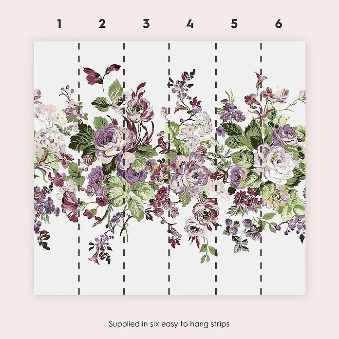 Laura Ashley Fototapete - Vlies - Florale Tapetenwand mit lila, grünen und weißen Blumen, geliefert in sechs leicht anzubringenden Bahnen.