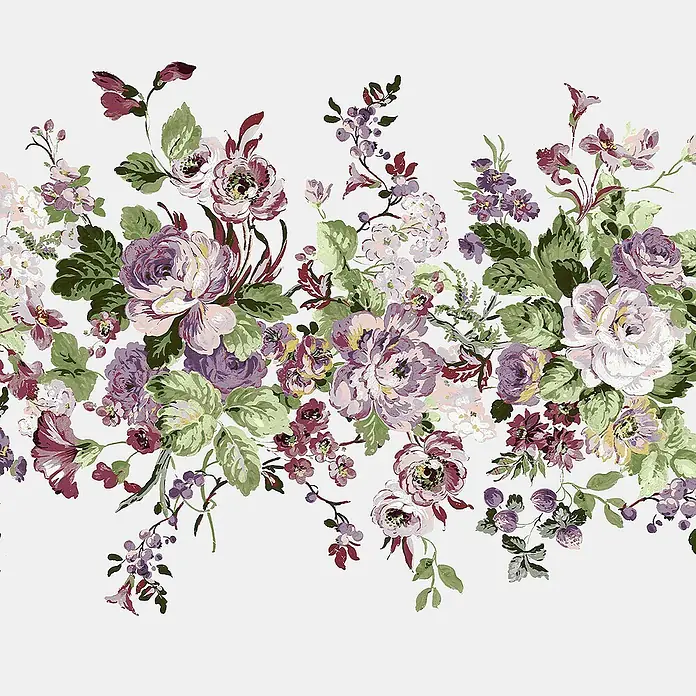 Laura Ashley Fototapete - Vlies - Elegante Blumenbordüre mit gemalten Rosen und Blüten in Lila, Rosa und Weiß, akzentuiert durch grüne Blätter.