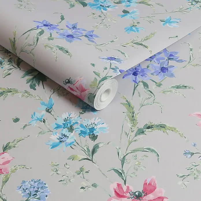 Laura Ashley Vliestapete Mohnwiese - Lila, Floral, 1.000 x 52 cm - Rolle grauer Tapete mit leuchtenden blau-, lila- und rosafarbenen Aquarell-Blumenmustern.