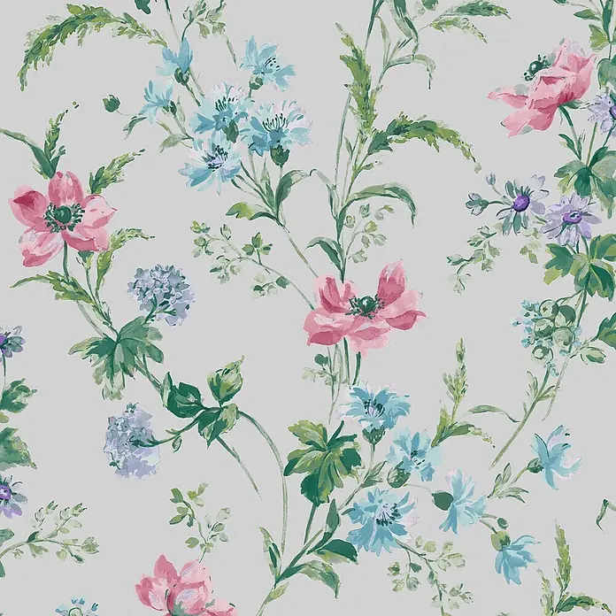Laura Ashley Vliestapete Mohnwiese - Lila, Floral, 1.000 x 52 cm - Handgemaltes Blumenmuster mit rosa, blauen und lila Blüten und grünem Laub.