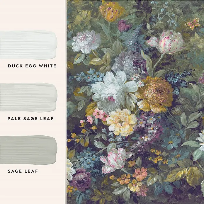 Laura Ashley Fototapete - Vlies - Drei Farbmuster: Duck Egg White, Pale Sage Leaf, Sage Leaf, abgebildet mit einem detaillierten Blumenbild.