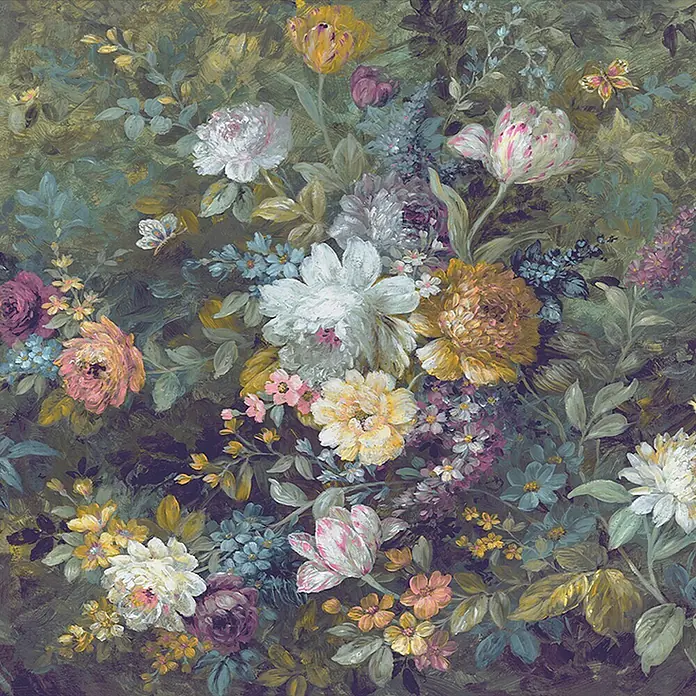 Laura Ashley Fototapete - Vlies - Üppiges, dunkles Blumenmuster im Ölmalerei-Stil mit bunten Blüten wie Pfingstrosen und Tulpen vor dichtem Laubwerk.