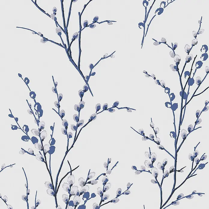 Laura Ashley Vliestapete Vliestapete Weidenkätzchen - Dunkelblau/Weiß, Floral, 10 x 0,52 m - Muster aus blauen Weidenkätzchenzweigen mit hellgrauen Knospen.