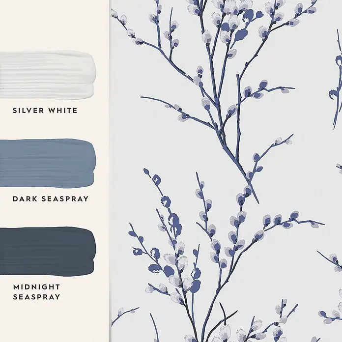 Laura Ashley Vliestapete Vliestapete Weidenkätzchen - Dunkelblau/Weiß, Floral, 10 x 0,52 m - Tapete mit blau-violetten Weidenzweigen und hellgrauen Knospen. Enthält Farbmuster: Silver White, Dark Seaspray, Midnight Seaspray.