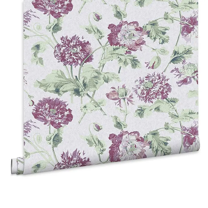 Laura Ashley Vliestapete Vliestapete Hepworth - Lila, Floral, 10 x 0,52 m - Gerollte Tapete mit Vintage-Blumenmuster in Lila und Grün auf hellem, strukturiertem Hintergrund.