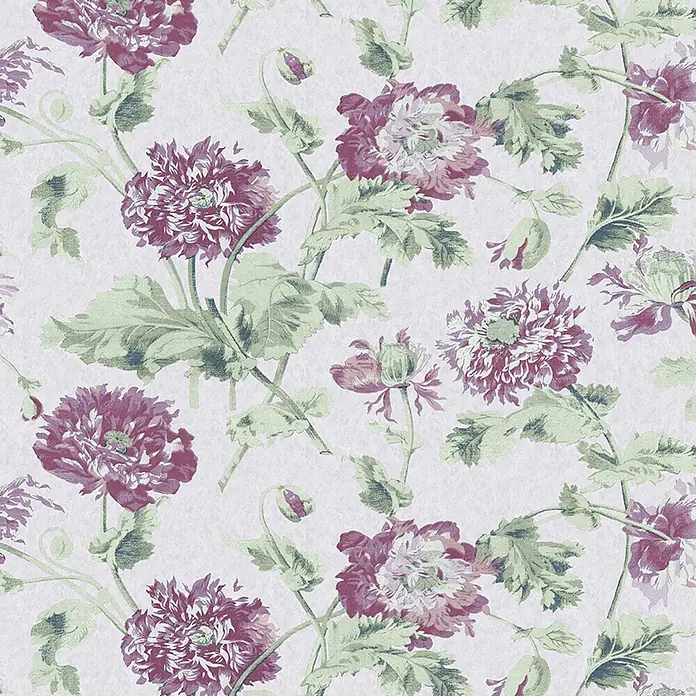 Laura Ashley Vliestapete Vliestapete Hepworth - Lila, Floral, 10 x 0,52 m - Nahtloses Blumenmuster mit dunkelvioletten Blüten und grünen Blättern auf helllavendelfarbenem Hintergrund.