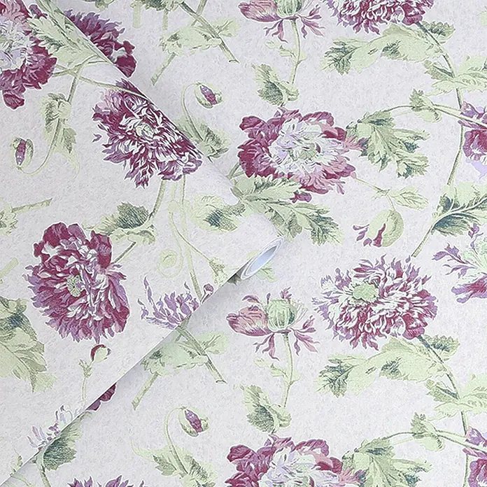 Laura Ashley Vliestapete Vliestapete Hepworth - Lila, Floral, 10 x 0,52 m - Blumentapetenrolle mit lila und grünen Blüten auf hellem Hintergrund.