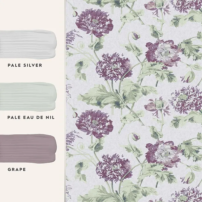 Laura Ashley Vliestapete Vliestapete Hepworth - Lila, Floral, 10 x 0,52 m - Florale Tapete mit lila Blüten und grünen Blättern, kombiniert mit passenden Farbmustern in Hellgrau, Hellgrün und Lila.