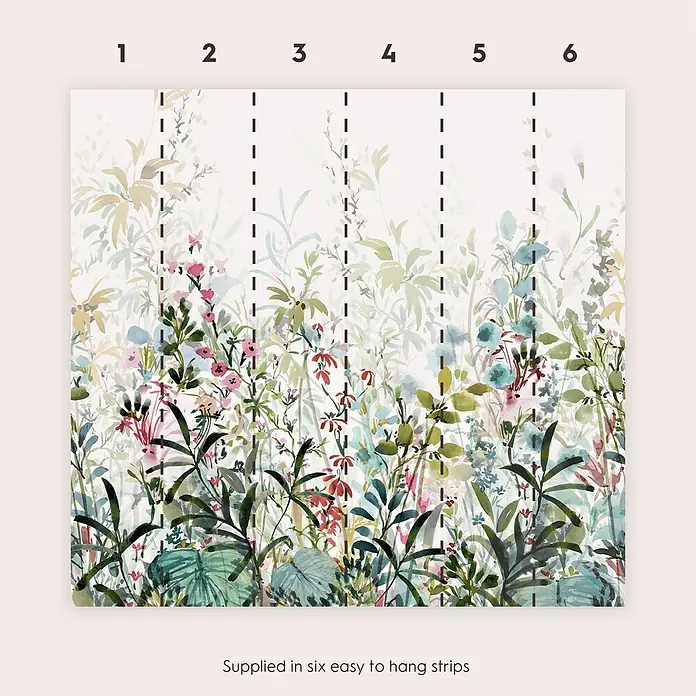 Laura Ashley Fototapete - Vlies - Aquarell-Blumenwiesen-Tapete, geliefert in sechs leicht anzubringenden Streifen.