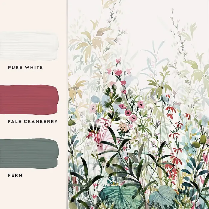 Laura Ashley Fototapete - Vlies - Aquarell-Blumenmuster mit Pflanzen und Blüten, ergänzt durch Farbpaletten für Pure White, Pale Cranberry und Fern.