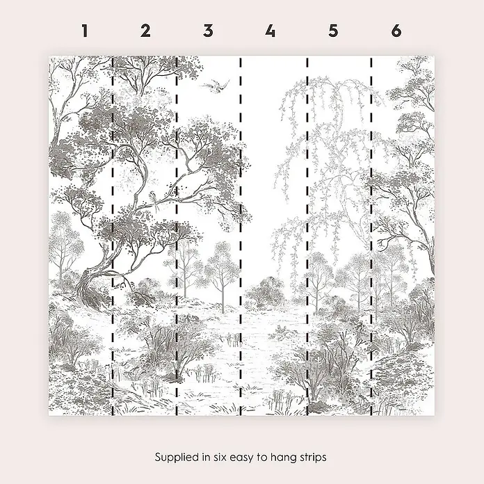 Laura Ashley Fototapete - Vlies - Monochromes Waldlandschafts-Wandbild mit Bäumen und Vögeln, geliefert in sechs nummerierten Bahnen.