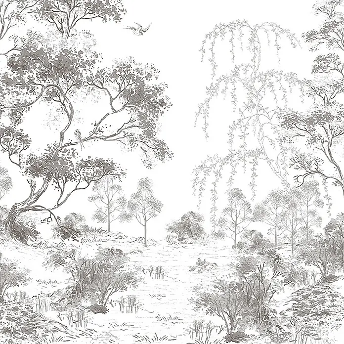 Laura Ashley Fototapete - Vlies - Graustufen-Waldillustration mit Bäumen, Büschen und Vögeln. Detailliertes Monochrom-Naturmuster für Dekoration.