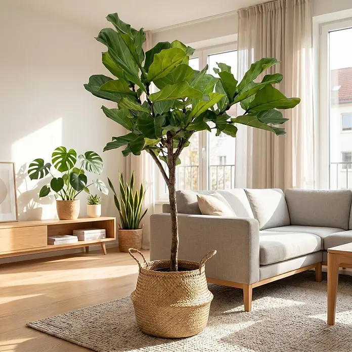 Piardino Geigenfeige Stamm - Ficus lyrata, Topfgröße: 30 cm - Große Geigenfeige im geflochtenen Naturkorb, verschönert ein helles Wohnzimmer.