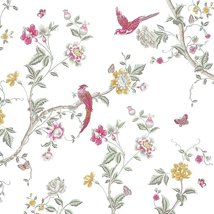 Laura Ashley Fototapete - Vlies - Florales Muster mit rosa und gelben Blüten, grünen Blättern sowie rosa Vögeln und Schmetterlingen.