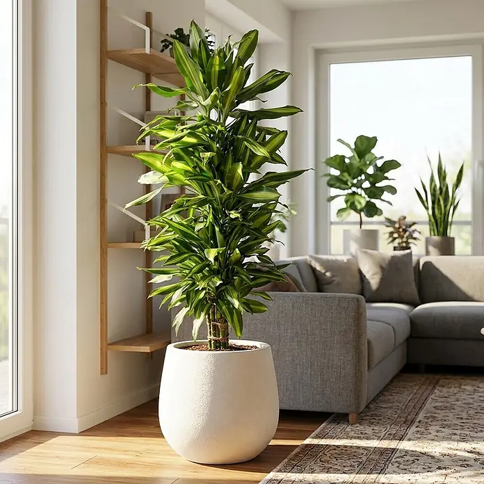 Piardino Drachenbaum verzweigt - Dracaena fragans Cintho, Topfgröße: 27 cm, Grün/Gelb - Große, lebendige Grünpflanze in einem strukturierten, hellen Topf, verschönert ein helles Wohnzimmer.