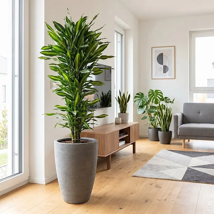 Piardino Drachenbaum mit 2 Tuff - Dracaena fragrans 'Massangeana', Topfgröße: 30 cm, Grün/Gelb - Hoher, grauer, strukturierter Pflanzkübel mit großer, bunter Dracaena-Pflanze in einem modernen Wohnzimmer.