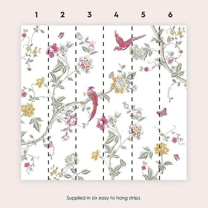 Laura Ashley Fototapete - Vlies - Elegante mehrstreifige Tapetenwand mit rosa und gelbem Blumen- und Vogelmuster.
