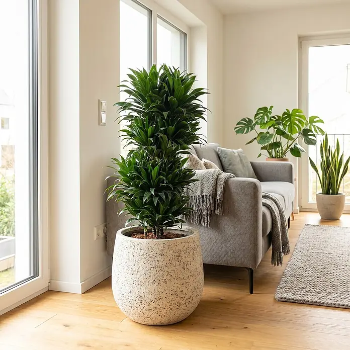 Piardino Drachenbaum verzweigt - Dracaena fragrans 'Compacta', Topfgröße: 27 cm, Dunkelgrün - Große, leuchtend grüne Pflanze in einem gesprenkelten hellgrauen Pflanzgefäß, als dekoratives Highlight in einem hellen Wohnzimmer.