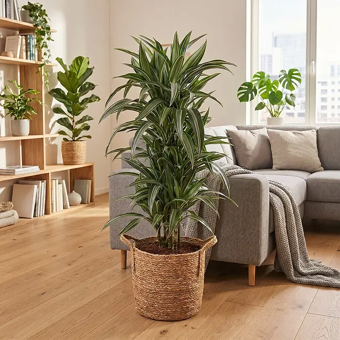 Piardino Drachenbaum verzweigt - Dracaena fragrans 'Warneckii', Topfgröße: 26 cm, Grün/Weiß/Silber - Üppige grüne Zimmerpflanze mit gestreiften Blättern in einem natürlichen Korb auf Holzfußboden im Wohnzimmer.