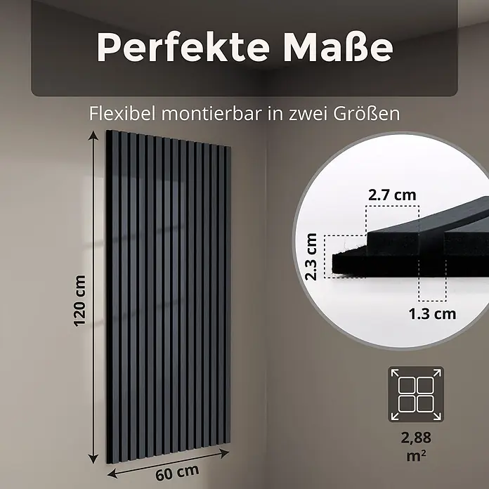 Dalsys Akustikpaneel 4x 120 x 60cm Eiche Schwarz - Schwarz - Dunkelgraues Lamellen-Akustikpaneel, 120 cm hoch, 60 cm breit. Details: 2,3 cm dick, 2,7 cm Lamellenbreite, 1,3 cm Fugenabstand.