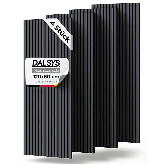 Dalsys Akustikpaneel 4x 120 x 60cm Eiche Schwarz - Schwarz - 4 dunkelgraue Akustikpaneele (120x60 cm) mit vertikalen Lamellen.