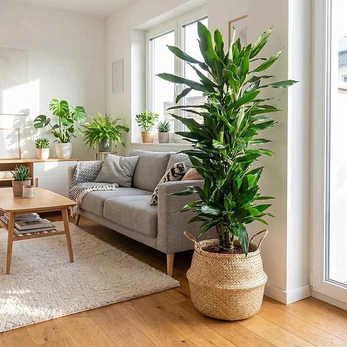 Piardino Drachenbaum 'Janet Craig' - Dracaena fragrans 'Janet Craig', Dunkelgrün - Helles Wohnzimmer mit großer Grünpflanze im Weidenkorb, grauem Sofa und Holztisch.
