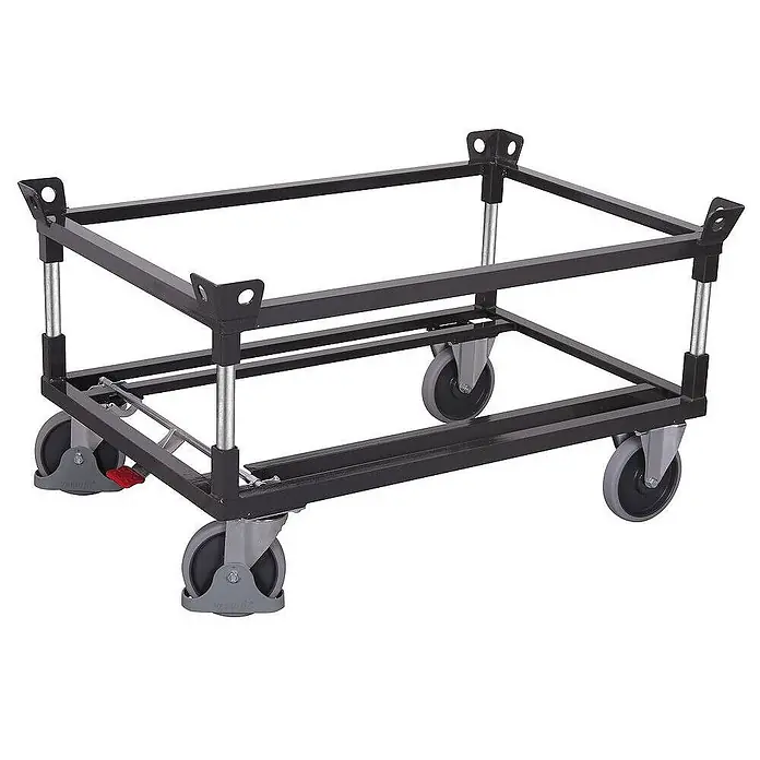 Variofit Palettenwagen Palettenfahrgestell Gummibereifung für Gitterboxen/Europaletten mit 2 Wink -  - Schwarze Transportrolli aus Metall mit vier Lenkrollen, Stapelrahmen und Bremshebel.