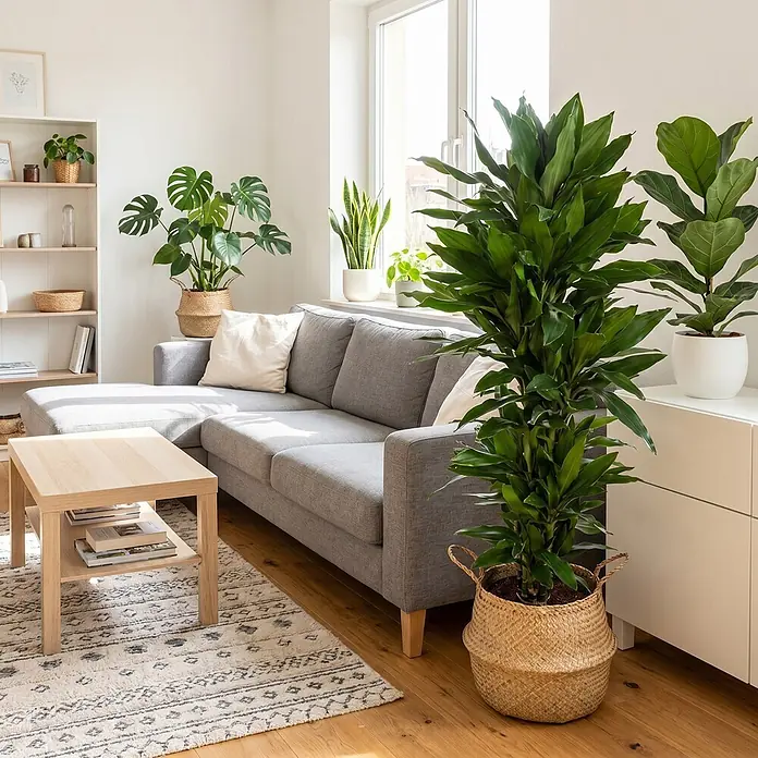 Piardino Drachenbaum - Dracaena fragrans 'Janet Craig', Topfgröße: 30 cm, Dunkelgrün - Modernes Wohnzimmer mit grauem Ecksofa, Holztisch, gemustertem Teppich und üppigen Zimmerpflanzen.