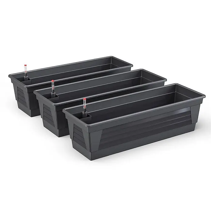 Plastard Pflanzkasten Milano 3er Set mit Hydroeinsatz & Wasserstandsanzeiger Anthrazit - Außenmaß (L x B x H): 80 x 21 x 17 cm, Kunststoff, Anthrazit - Drei dunkelgraue rechteckige Pflanzgefäße mit Selbstbewässerung und Wasserstandsanzeigen.