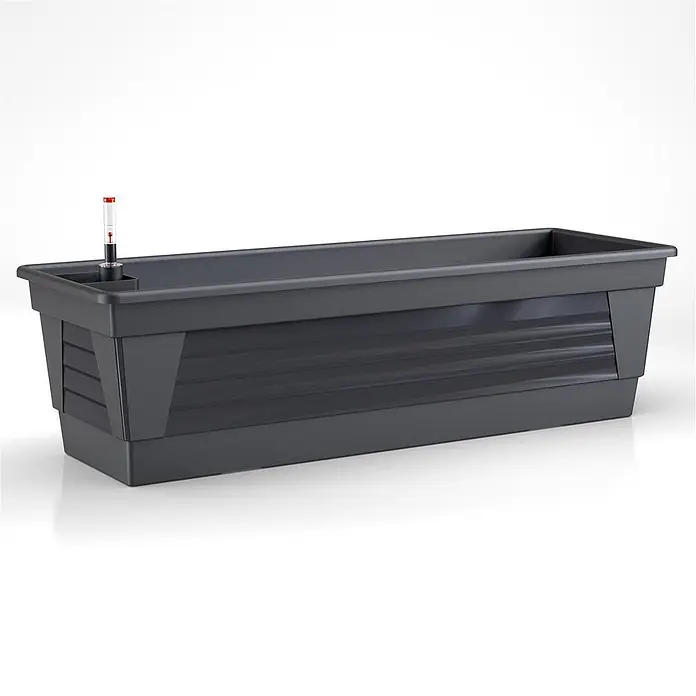 Plastard Pflanzkasten Milano 3er Set mit Hydroeinsatz & Wasserstandsanzeiger Anthrazit - Außenmaß (L x B x H): 80 x 21 x 17 cm, Kunststoff, Anthrazit - Dunkelgrauer rechteckiger Selbstbewässerungs-Pflanzkasten mit Wasserstandsanzeiger.