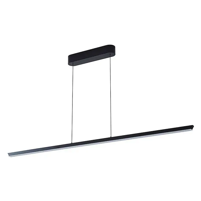 Lucande Pendelleuchte Solvar - schwarz, Schwarz - Schwarze lineare LED-Pendelleuchte, aufgehängt an einer ovalen Deckenhalterung.