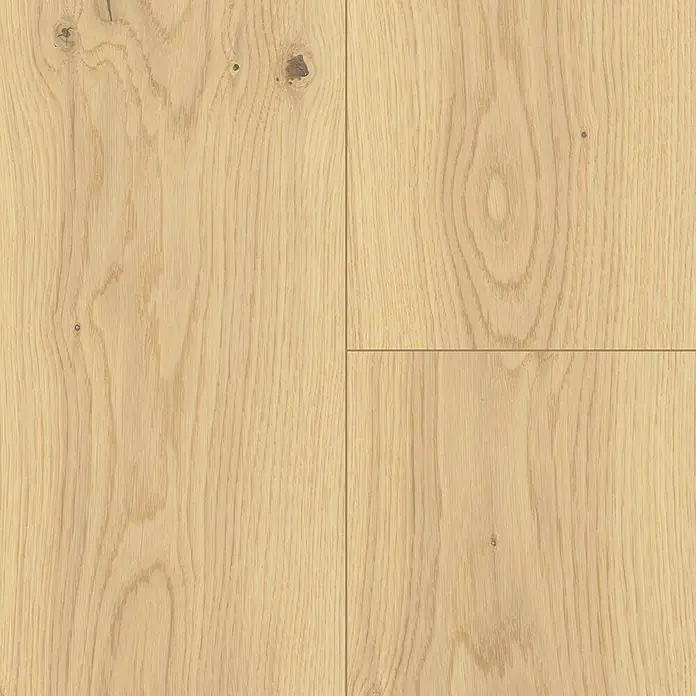 Barlinek Parkett - Eiche weiß geschliffen, Landhausdiele, 1.092 x 180 x 14 mm - Heller Eichenholzfußboden mit sichtbarer Maserung und kleinen Ästen.