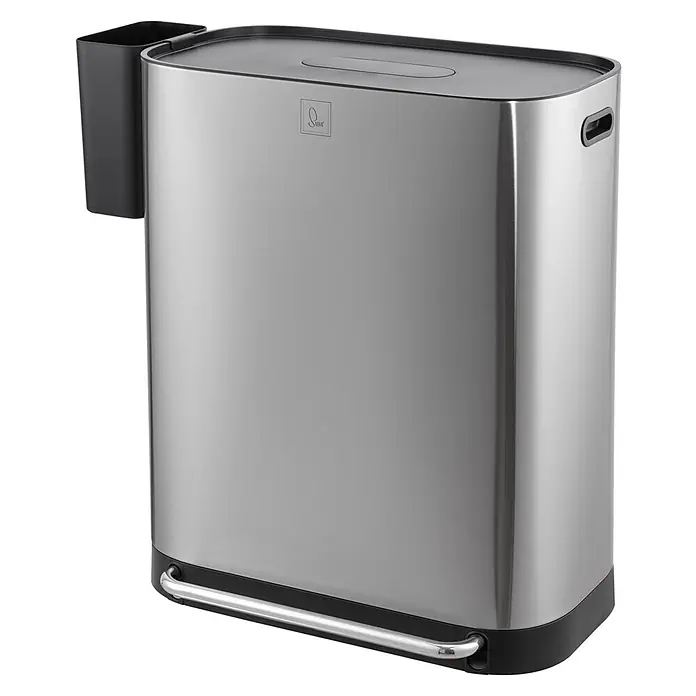 SVITA Treteimer MLT2X30 - 60 l, Metall, Silber - Rechteckiger Edelstahlbehälter mit schwarzem Deckel, Fußpedal und seitlichem Zubehörfach.