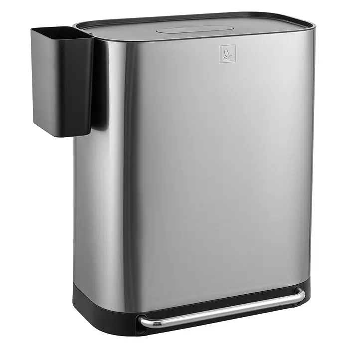SVITA Treteimer MLT2X30 - 60 l, Metall, Silber - Edelstahl-Mülleimer mit schwarzem Deckel, Fußpedal und Seitenfach.