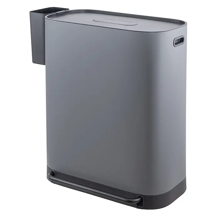 SVITA Treteimer MLT2X30 - 60 l, Metall, Grau - Moderner grauer rechteckiger Behälter mit flachem Deckel, Seitenablage, Griff und schwarzem Fußgestell.