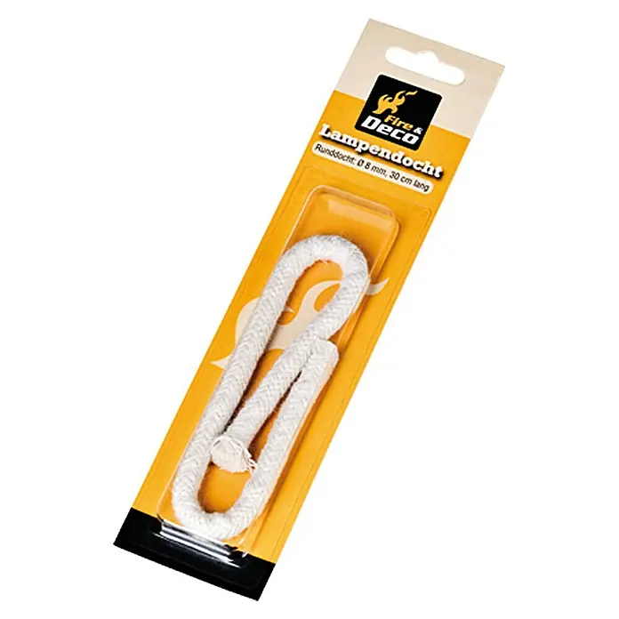 Lampendocht - Länge: 30 cm, Durchmesser: 8 mm - Lampendocht von Fire & Deco, ein runder Docht mit 8 mm Durchmesser und 30 cm Länge in gelber Verpackung.